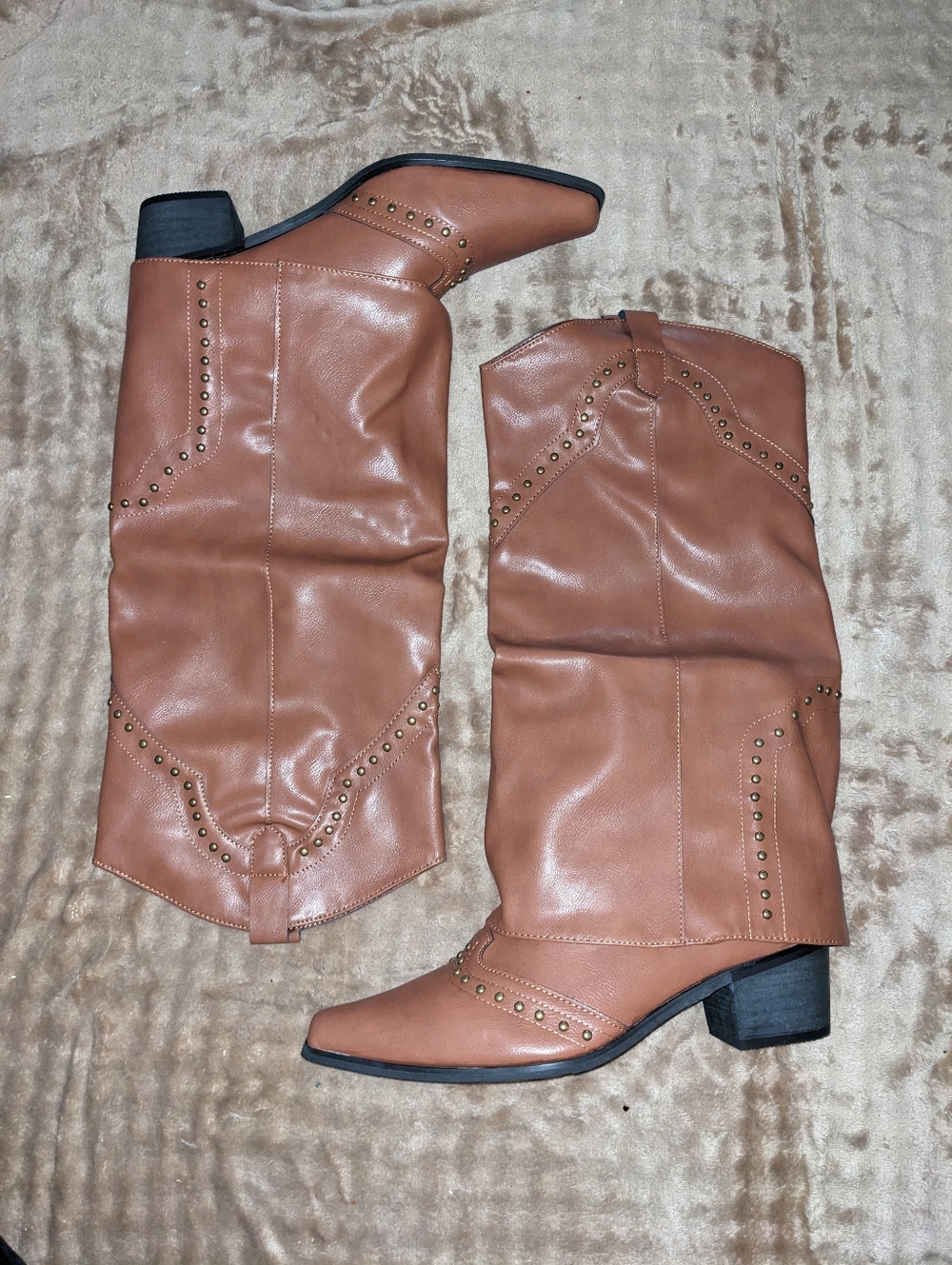 Tan Camel Studded Knee-High Boots